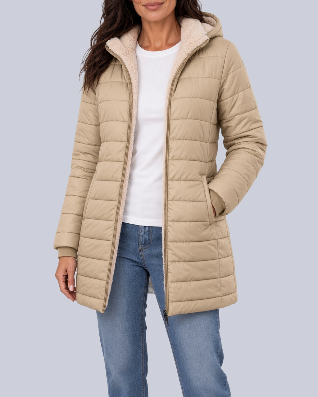 Women's Fleece Lined Quilted Jacket with Hood and Ribbed Cuffs in Khaki – Front View