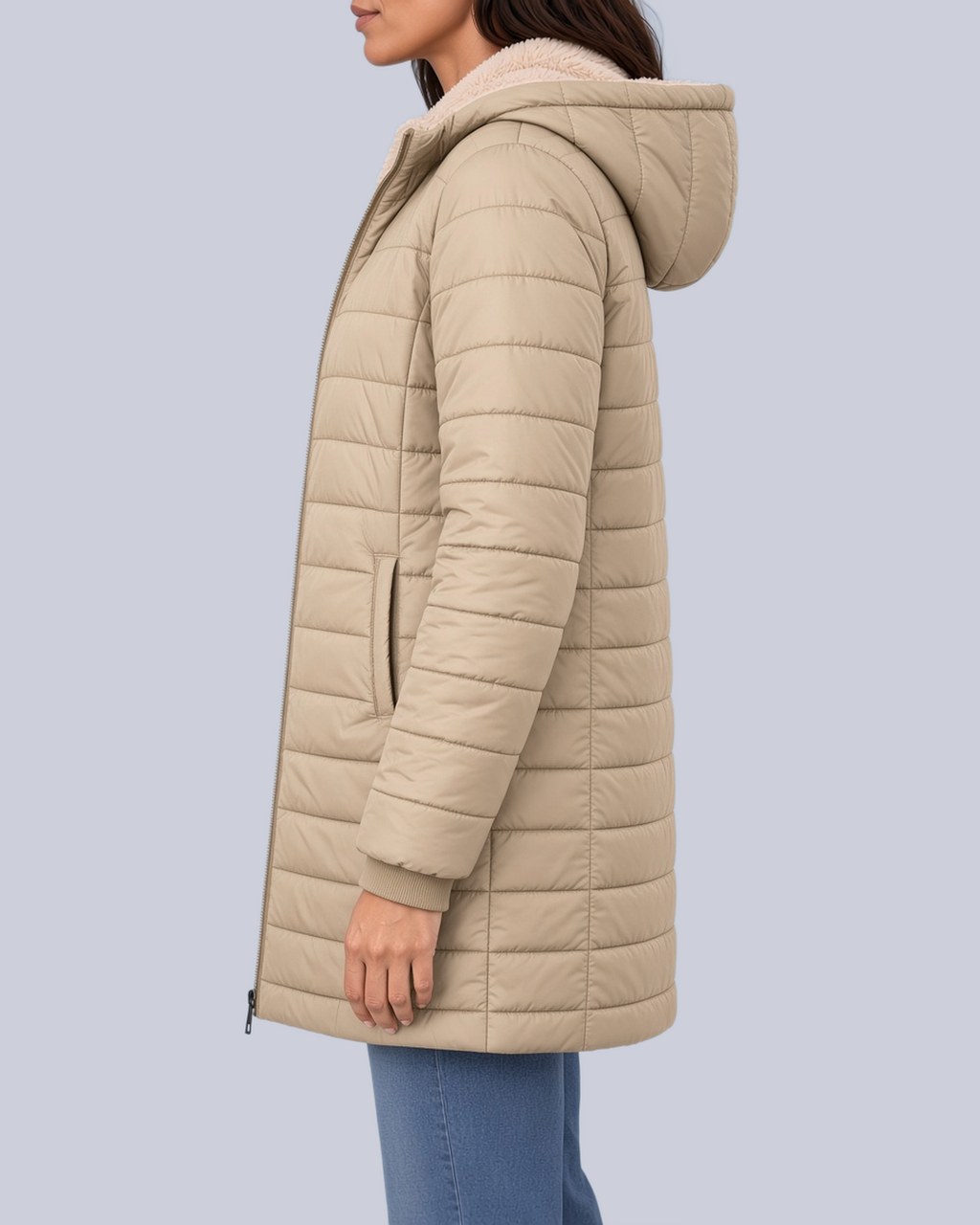 Women's Fleece Lined Quilted Jacket with Hood and Ribbed Cuffs in Khaki – Side View