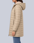 Women's Fleece Lined Quilted Jacket with Hood and Ribbed Cuffs in Khaki – Side View