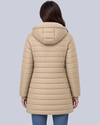 Women's Fleece Lined Quilted Jacket with Hood and Ribbed Cuffs in Khaki – Back View