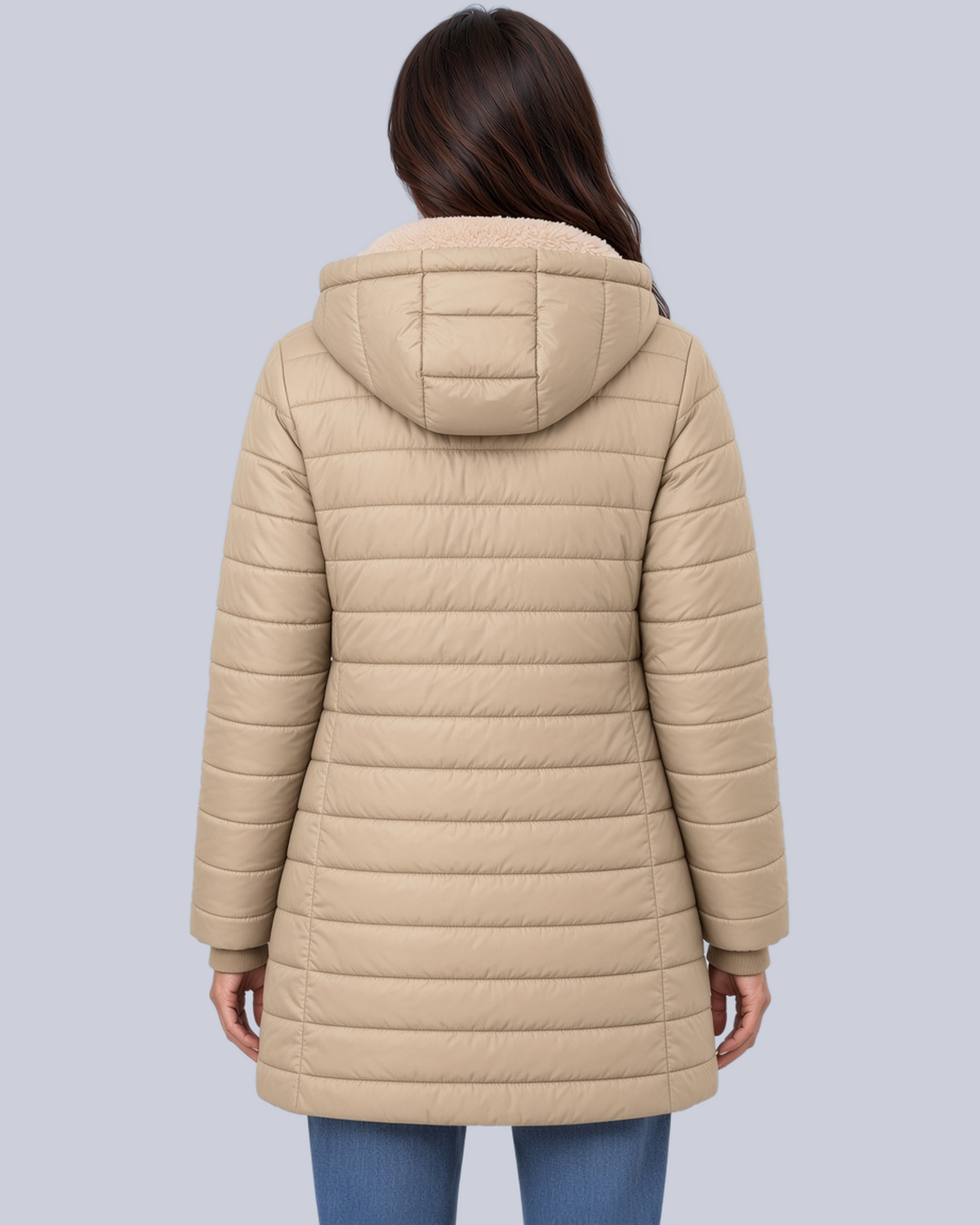 Women's Fleece Lined Quilted Jacket with Hood and Ribbed Cuffs in Khaki – Back View