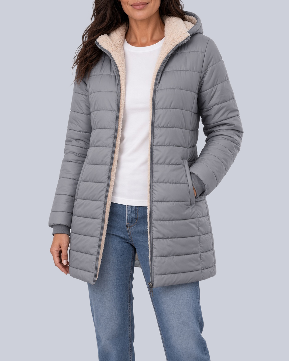 Women's Fleece Lined Quilted Jacket with Hood and Ribbed Cuffs in Grey – Front View