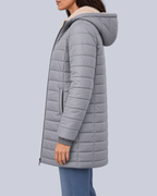 Women's Fleece Lined Quilted Jacket with Hood and Ribbed Cuffs in Grey – Side View