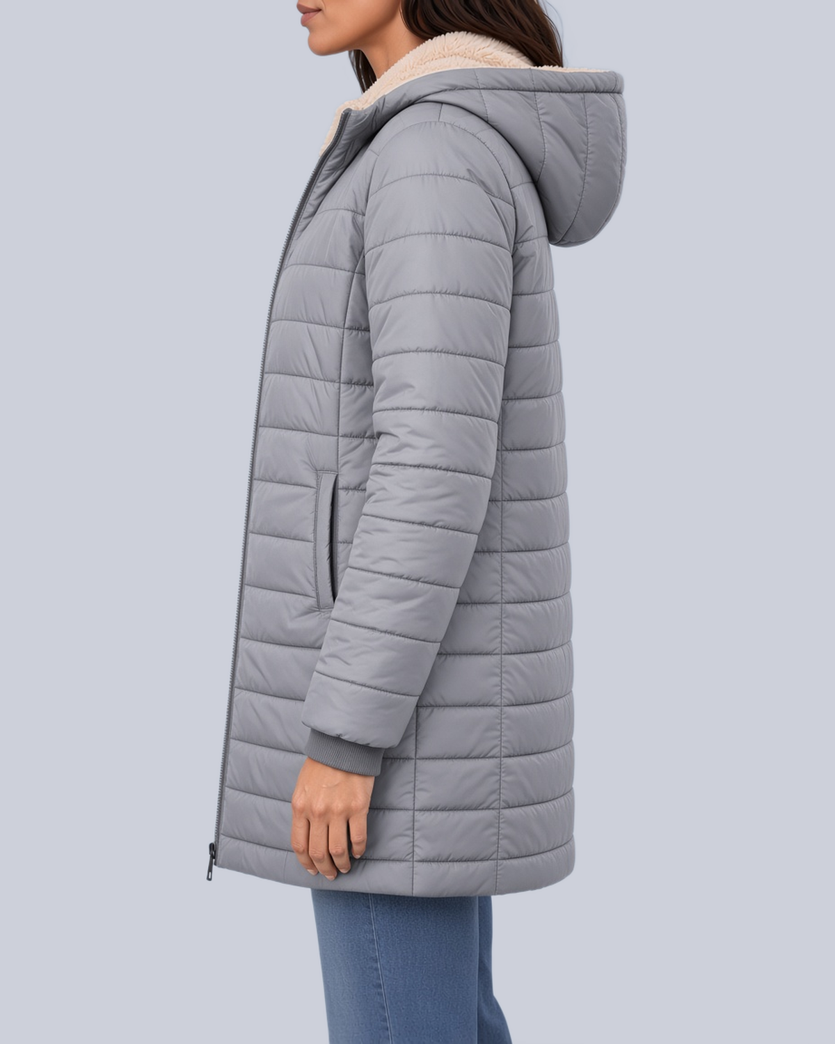 Women's Fleece Lined Quilted Jacket with Hood and Ribbed Cuffs in Grey – Side View