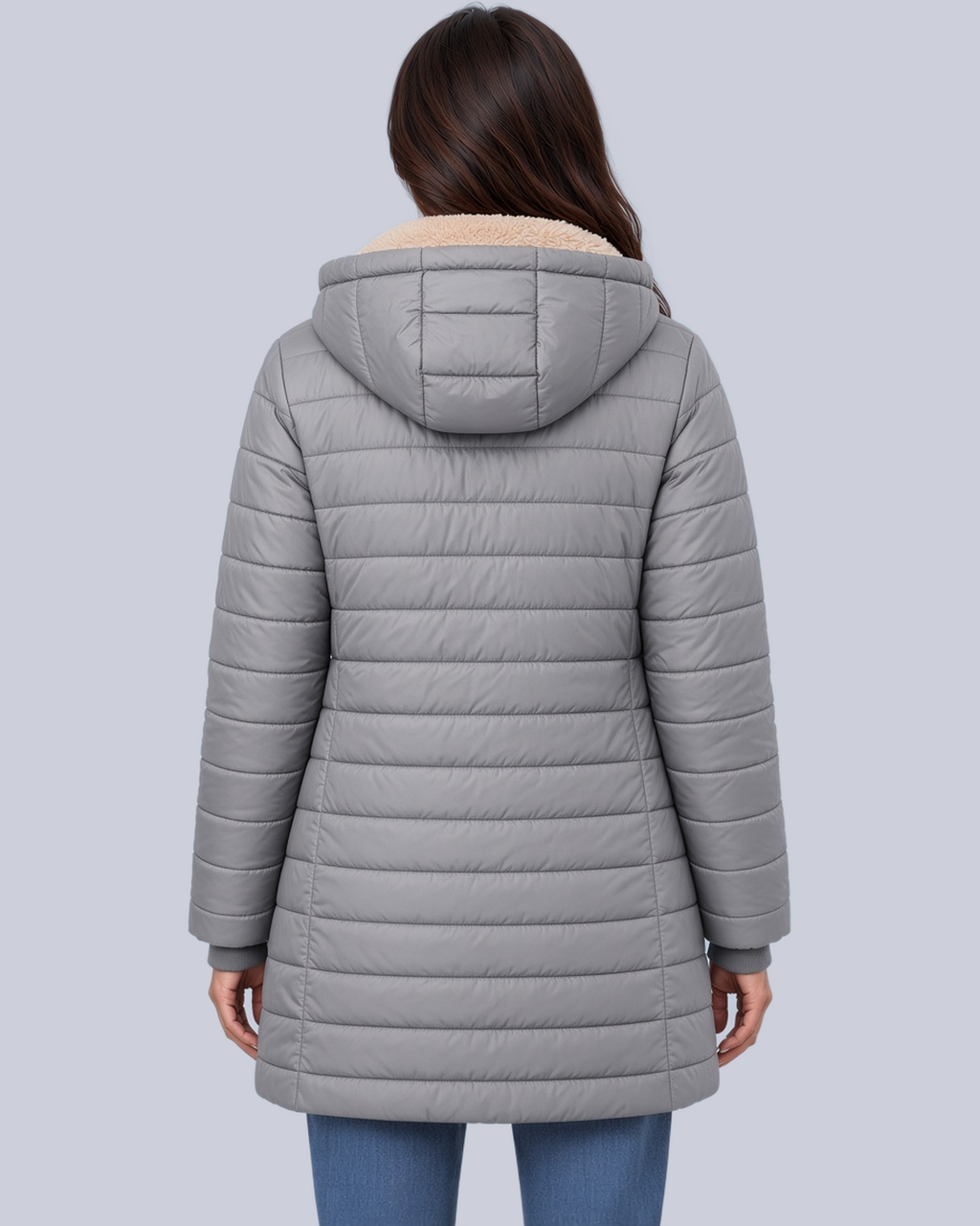 Women's Fleece Lined Quilted Jacket with Hood and Ribbed Cuffs in Grey – Back View
