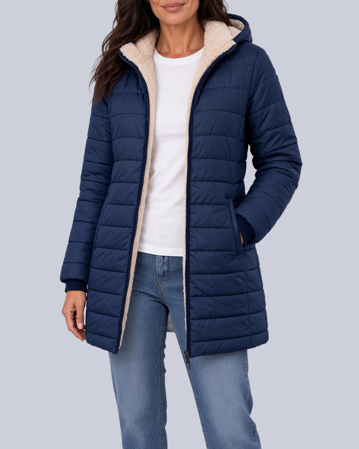 Women's Fleece Lined Quilted Jacket with Hood and Ribbed Cuffs in Navy – Front View