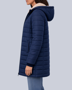 Women's Fleece Lined Quilted Jacket with Hood and Ribbed Cuffs in Navy – Side View