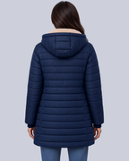 Women's Fleece Lined Quilted Jacket with Hood and Ribbed Cuffs in Navy – Back View