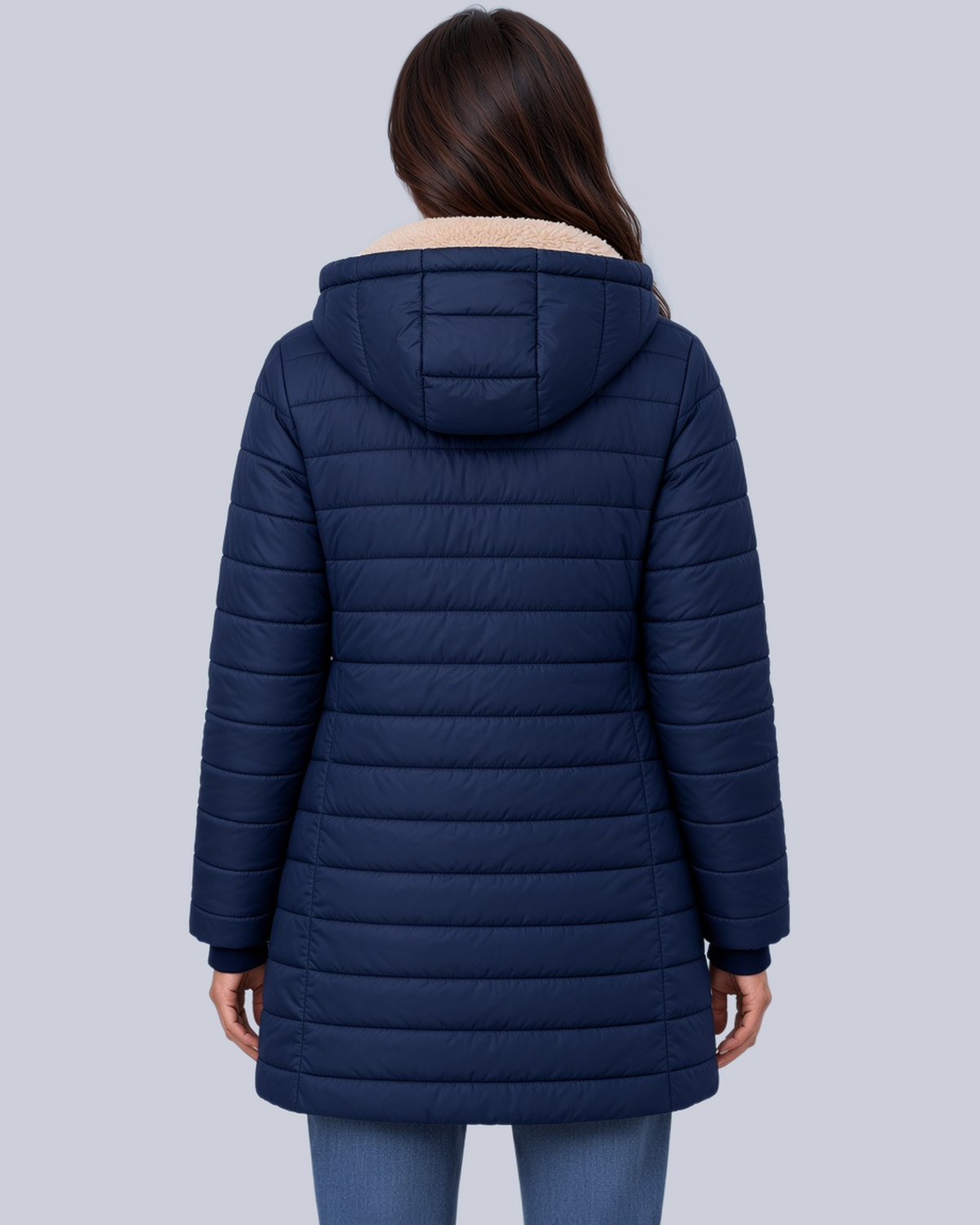 Women's Fleece Lined Quilted Jacket with Hood and Ribbed Cuffs in Navy – Back View