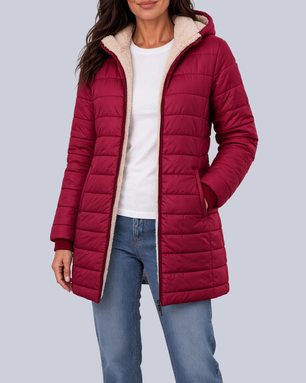 Women's Fleece Lined Quilted Jacket with Hood and Ribbed Cuffs in Red – Front View