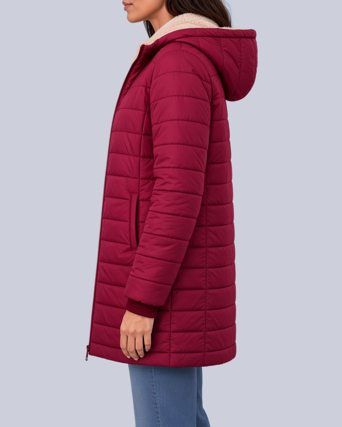 Women's Fleece Lined Quilted Jacket with Hood and Ribbed Cuffs in Red – Side View