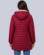 Women's Fleece Lined Quilted Jacket with Hood and Ribbed Cuffs in Red – Back View