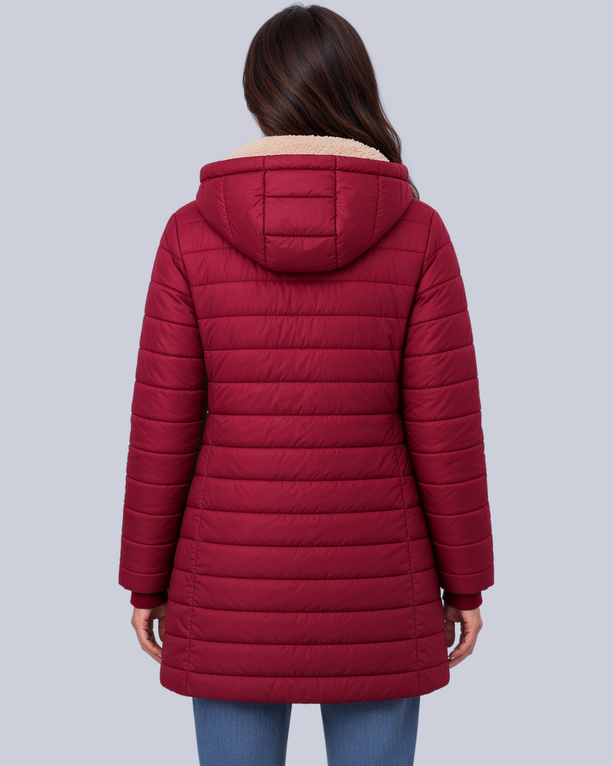 Women's Fleece Lined Quilted Jacket with Hood and Ribbed Cuffs in Red – Back View