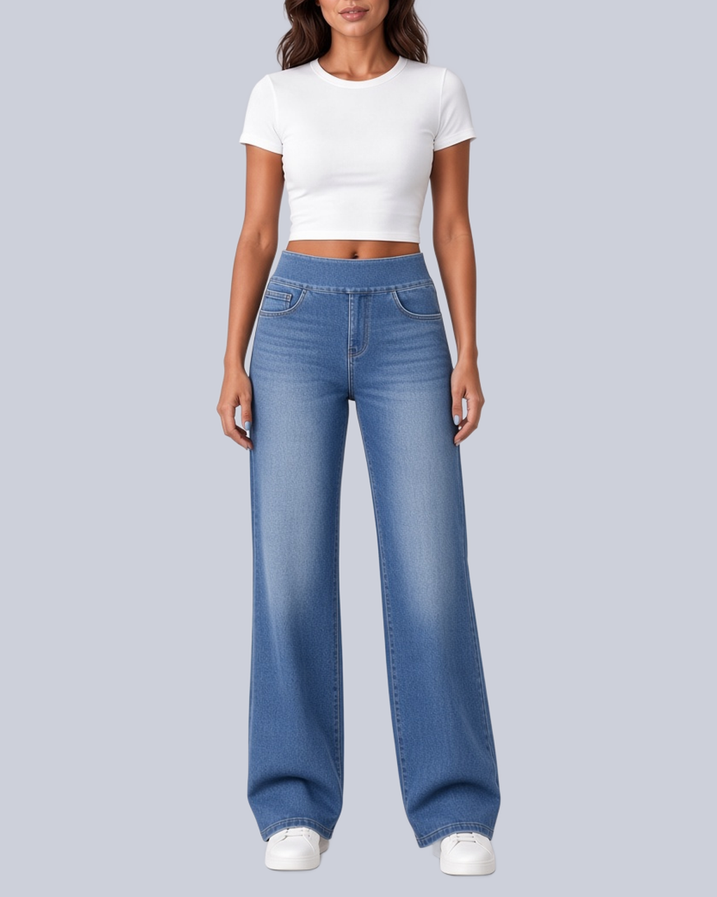 Women's High Rise Wide Leg Stretch Jeans with Flat Pull On Waistband in Blue – Front View