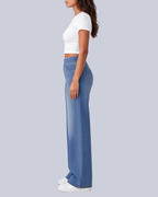 Women's High Rise Wide Leg Stretch Jeans with Flat Pull On Waistband in Blue – Side View