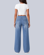 Women's High Rise Wide Leg Stretch Jeans with Flat Pull On Waistband in Blue – Back View