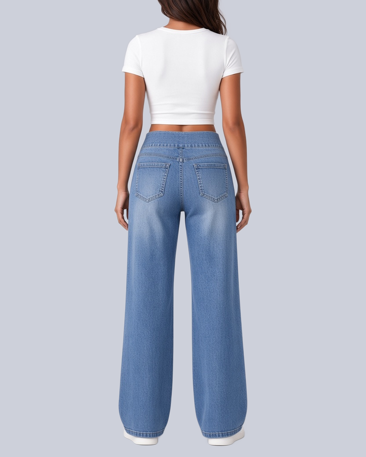 Women's High Rise Wide Leg Stretch Jeans with Flat Pull On Waistband in Blue – Back View
