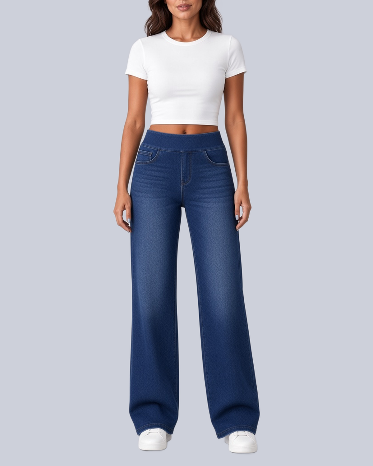 Women's High Rise Wide Leg Stretch Jeans with Flat Pull On Waistband in Navy – Front View