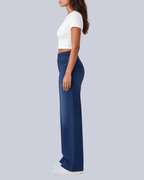 Women's High Rise Wide Leg Stretch Jeans with Flat Pull On Waistband in Navy – Side View