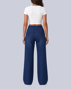 Women's High Rise Wide Leg Stretch Jeans with Flat Pull On Waistband in Navy – Back View