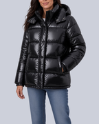 Women's High Shine Boxy Puffer Jacket with Funnel Neck and Hood in Black – Front View