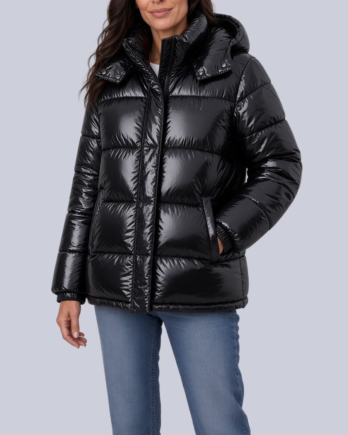 Women's High Shine Boxy Puffer Jacket with Funnel Neck and Hood in Black – Front View