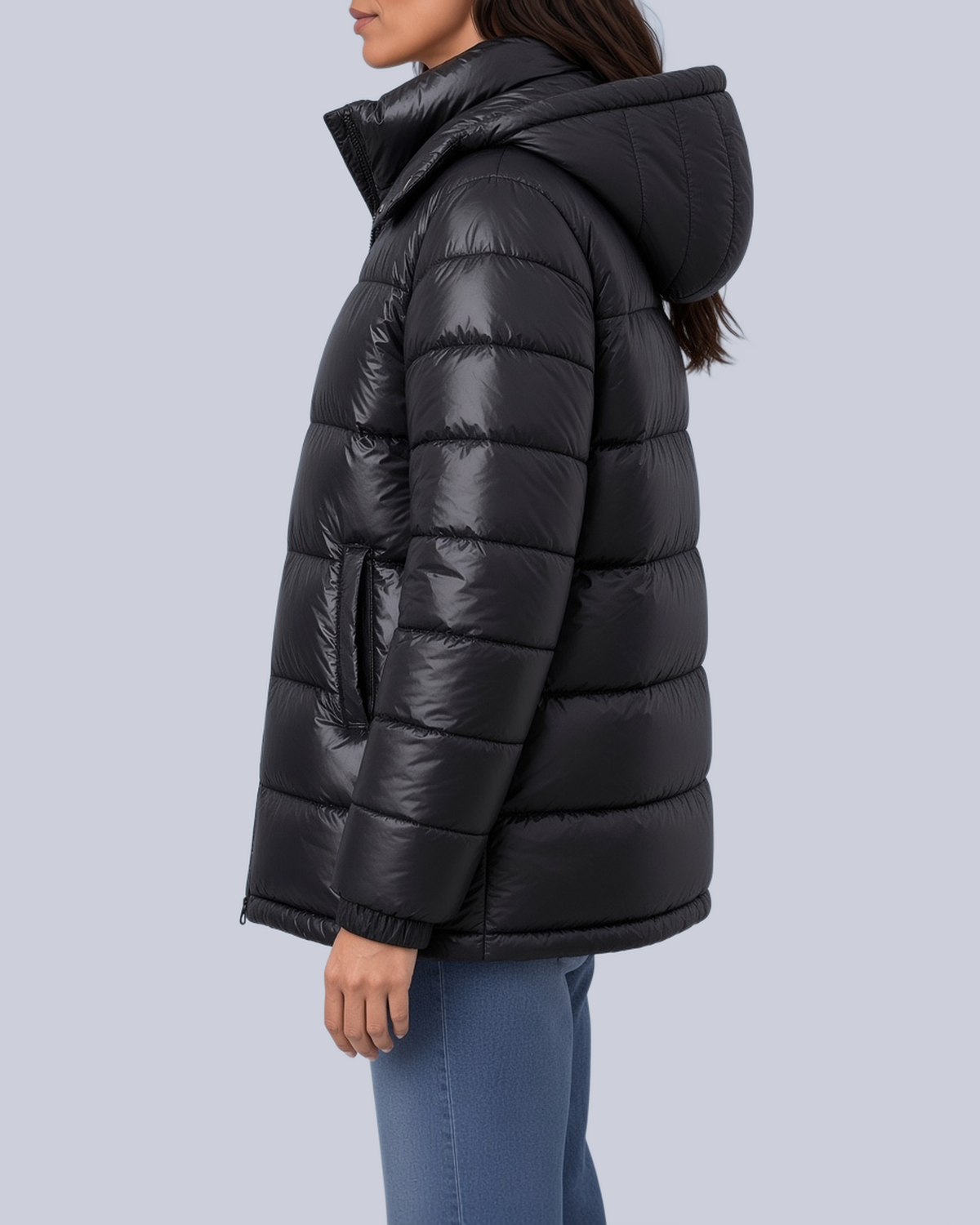 Women's High Shine Boxy Puffer Jacket with Funnel Neck and Hood in Black – Side View