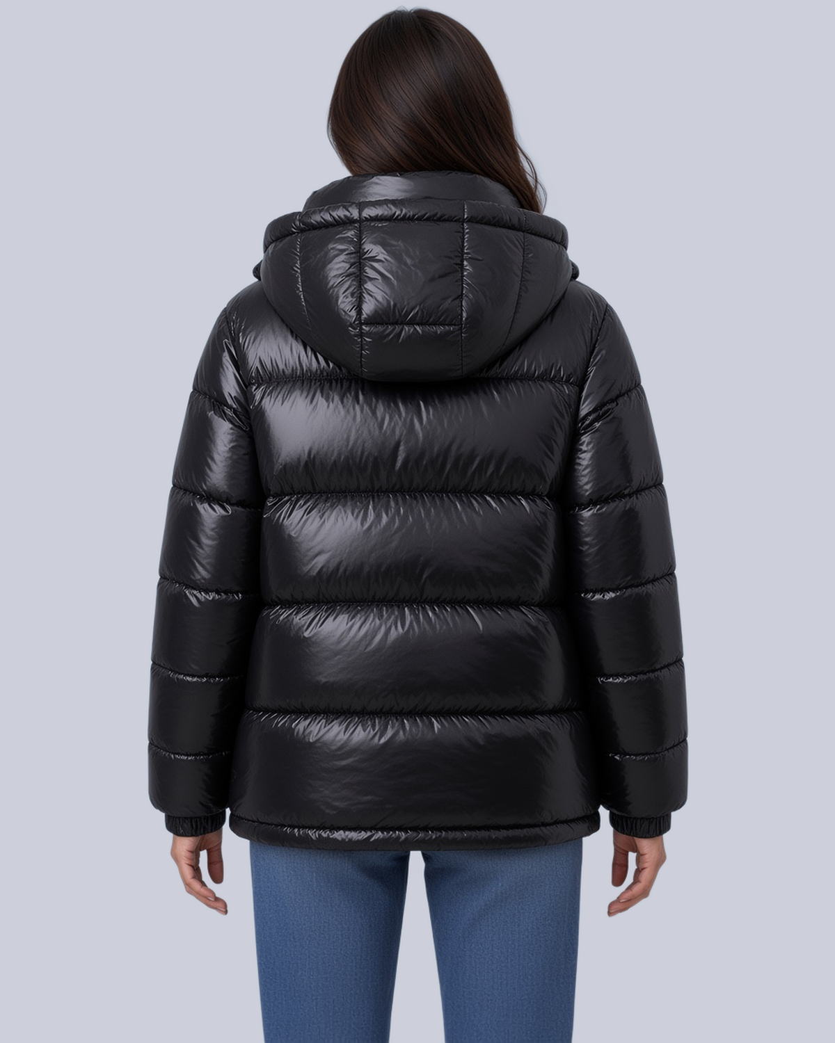 Women's High Shine Boxy Puffer Jacket with Funnel Neck and Hood in Black – Back View