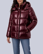 Women's High Shine Boxy Puffer Jacket with Funnel Neck and Hood in Burgundy – Front View