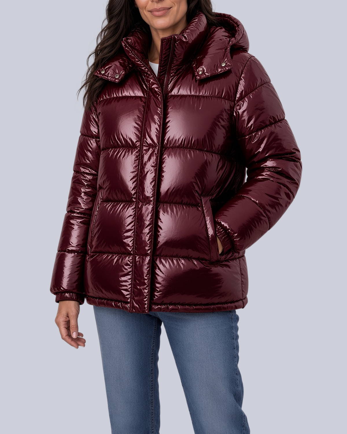Women's High Shine Boxy Puffer Jacket with Funnel Neck and Hood in Burgundy – Front View