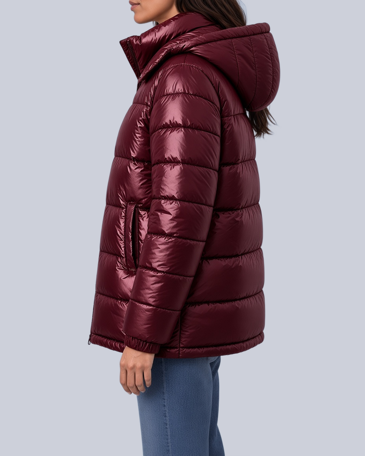 Women's High Shine Boxy Puffer Jacket with Funnel Neck and Hood in Burgundy – Side View