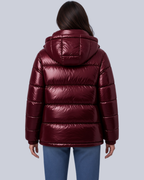 Women's High Shine Boxy Puffer Jacket with Funnel Neck and Hood in Burgundy – Back View
