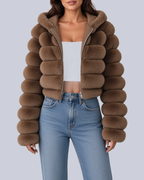 Women's Hooded Cropped Faux Fur Jacket with Banded Sleeves in Brown – Front View