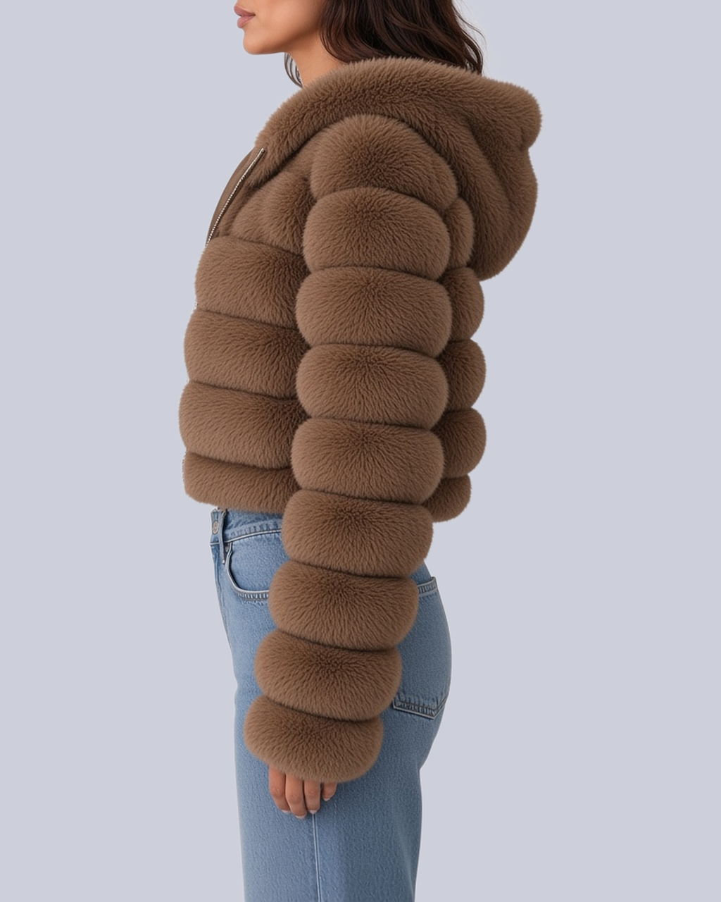 Women's Hooded Cropped Faux Fur Jacket with Banded Sleeves in Brown – Side View