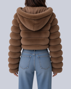 Women's Hooded Cropped Faux Fur Jacket with Banded Sleeves in Brown – Back View