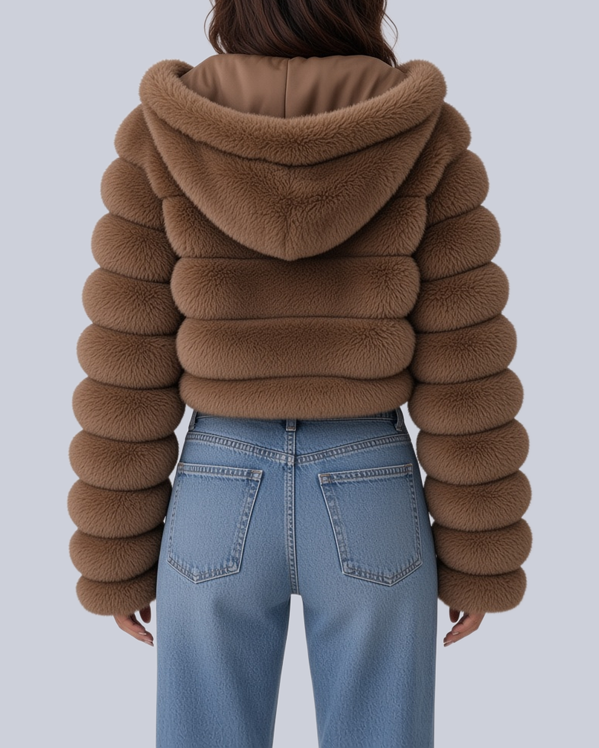 Women's Hooded Cropped Faux Fur Jacket with Banded Sleeves in Brown – Back View