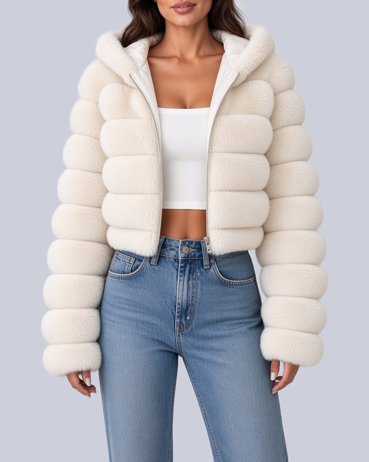 Women's Hooded Cropped Faux Fur Jacket with Banded Sleeves in White – Front View