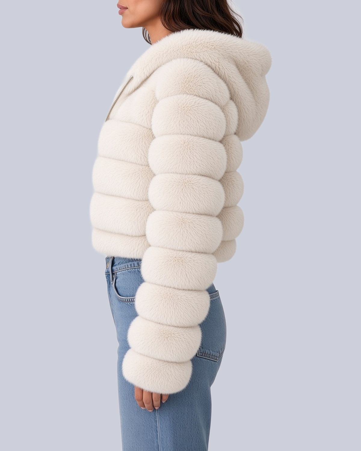 Women's Hooded Cropped Faux Fur Jacket with Banded Sleeves in White – Side View