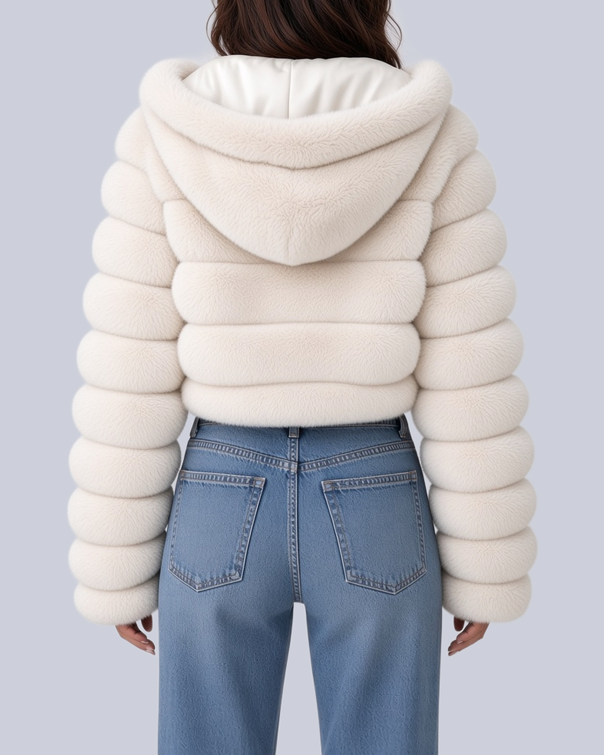 Women's Hooded Cropped Faux Fur Jacket with Banded Sleeves in White – Back View