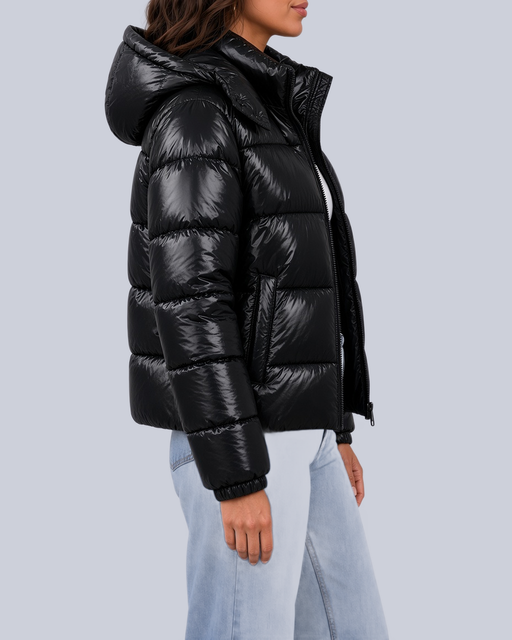 Women's Shiny Puffer Jacket with Hood and Banded Cuffs in Black – Side View
