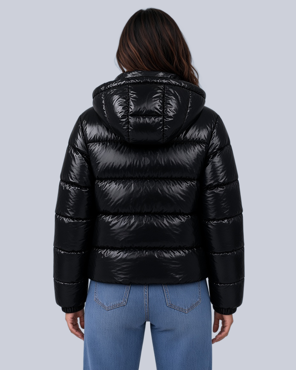 Women's Shiny Puffer Jacket with Hood and Banded Cuffs in Black – Back View