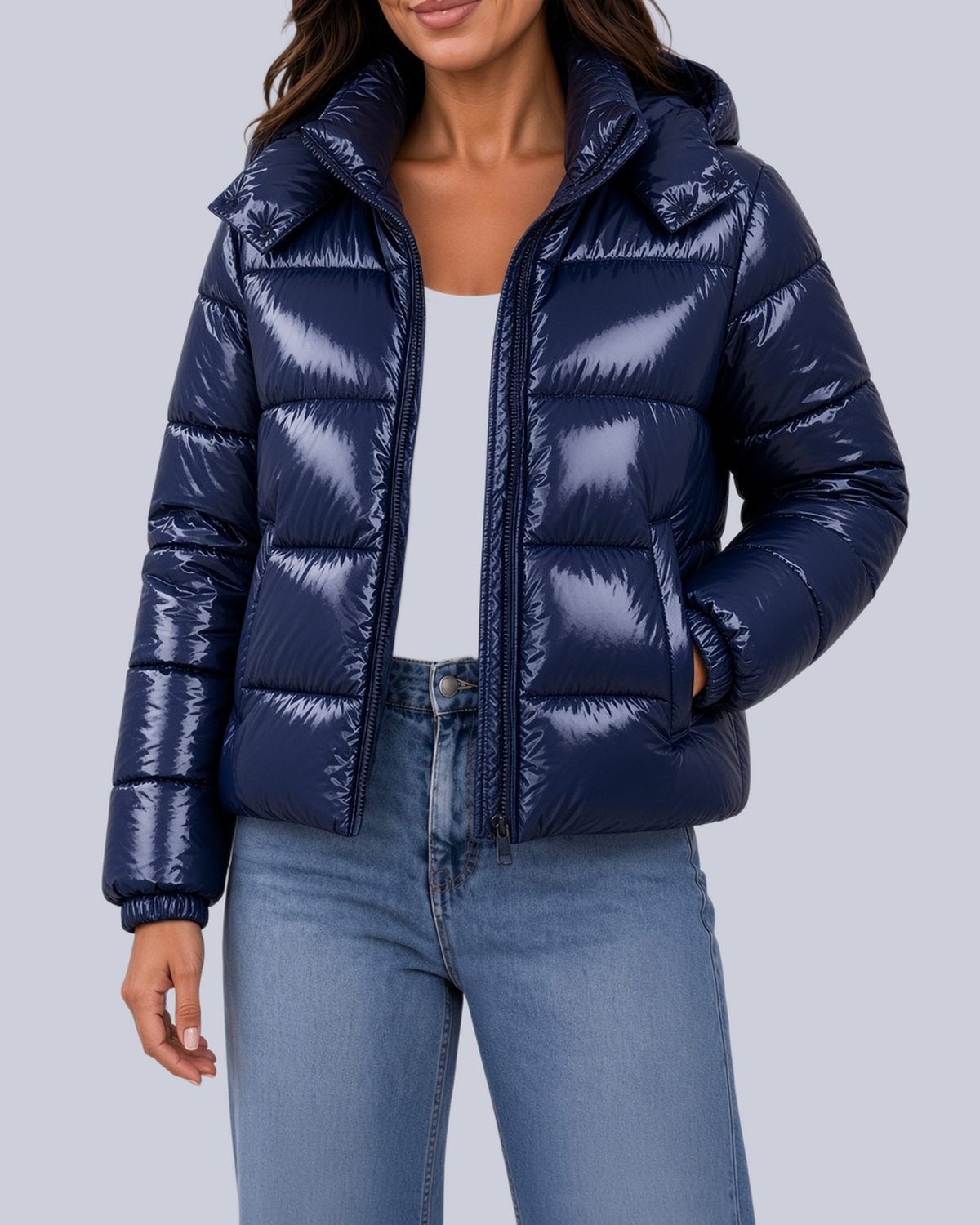 Women's Shiny Puffer Jacket with Hood and Banded Cuffs in Navy – Front View