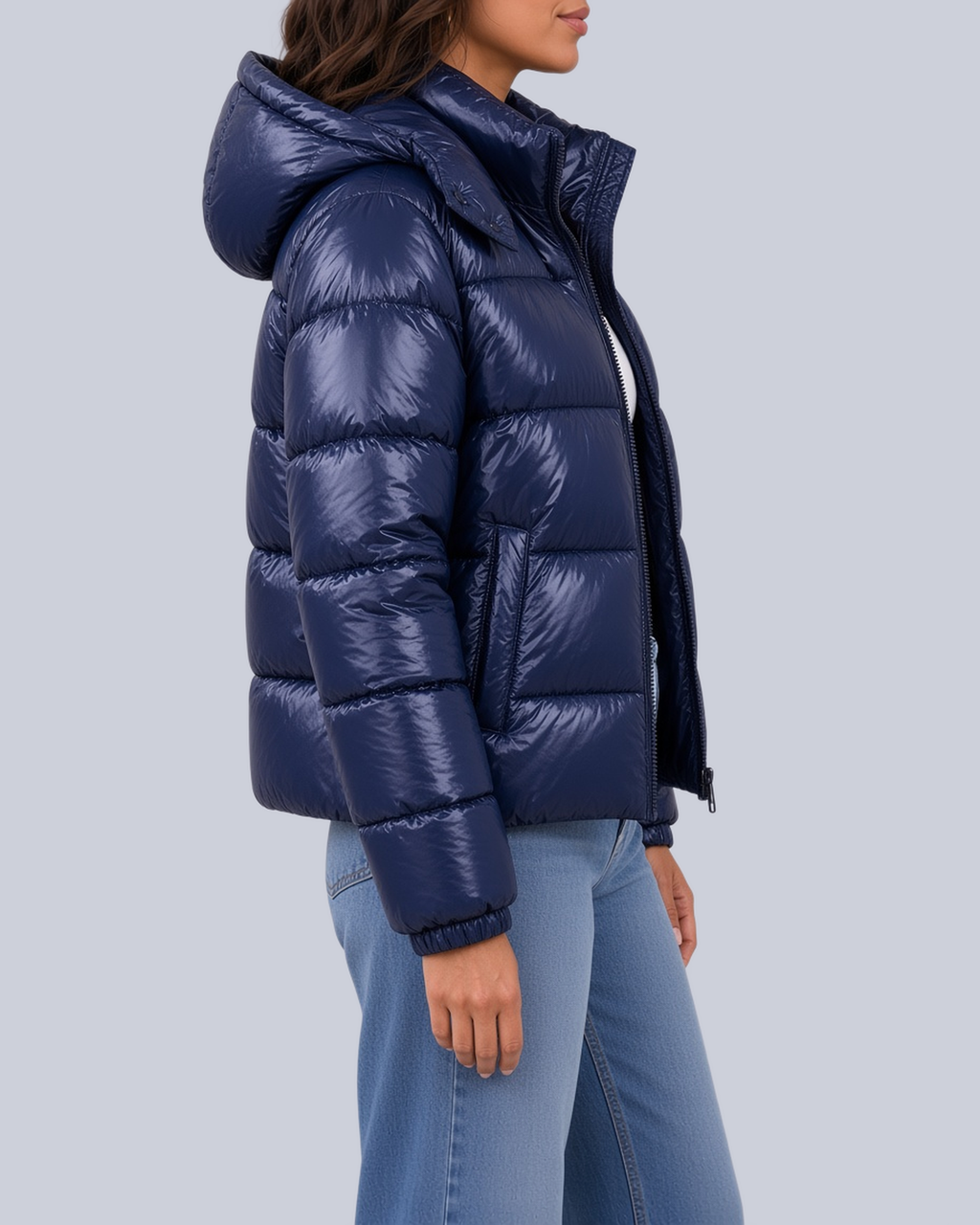 Women's Shiny Puffer Jacket with Hood and Banded Cuffs in Navy – Side View