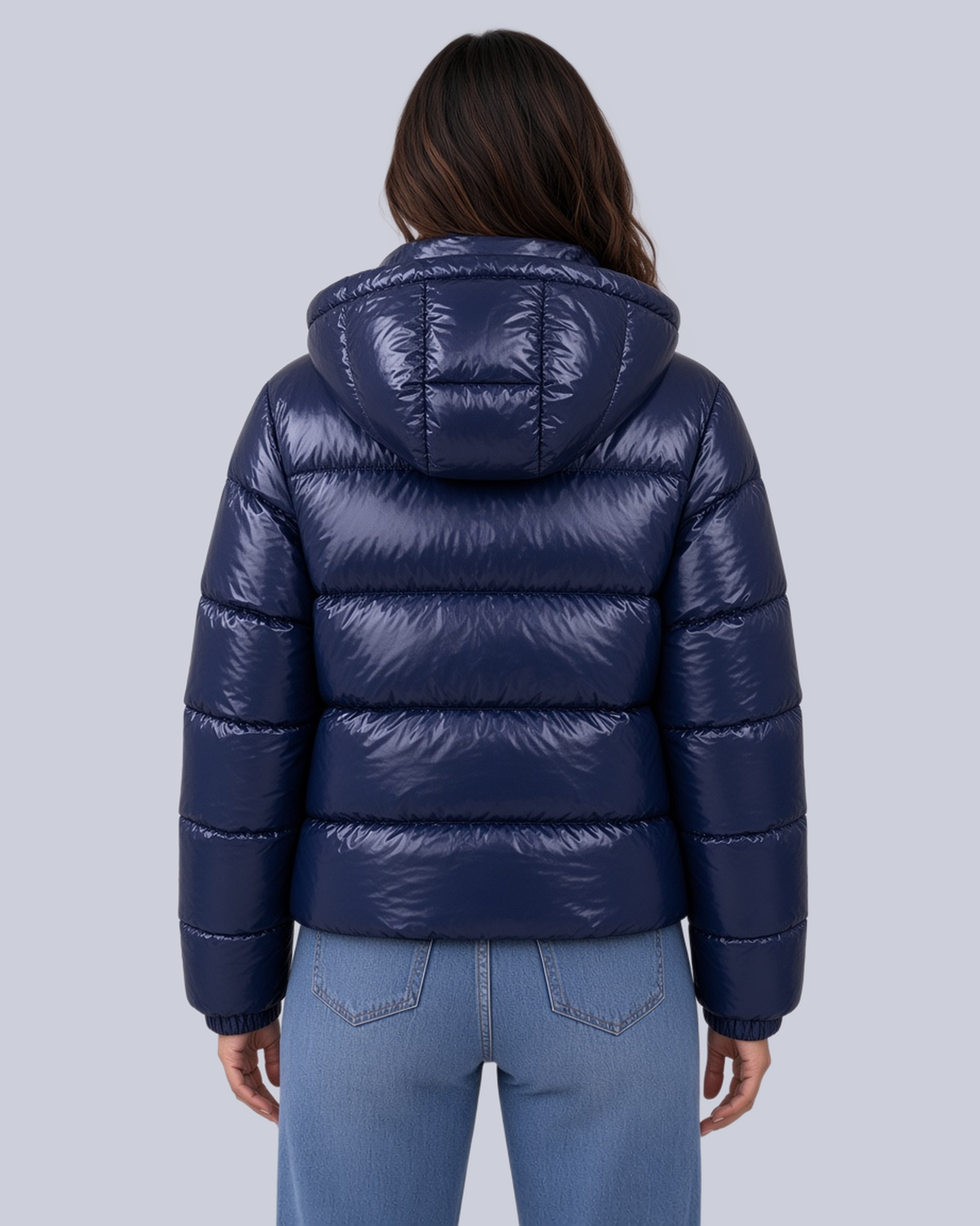 Women's Shiny Puffer Jacket with Hood and Banded Cuffs in Navy – Back View