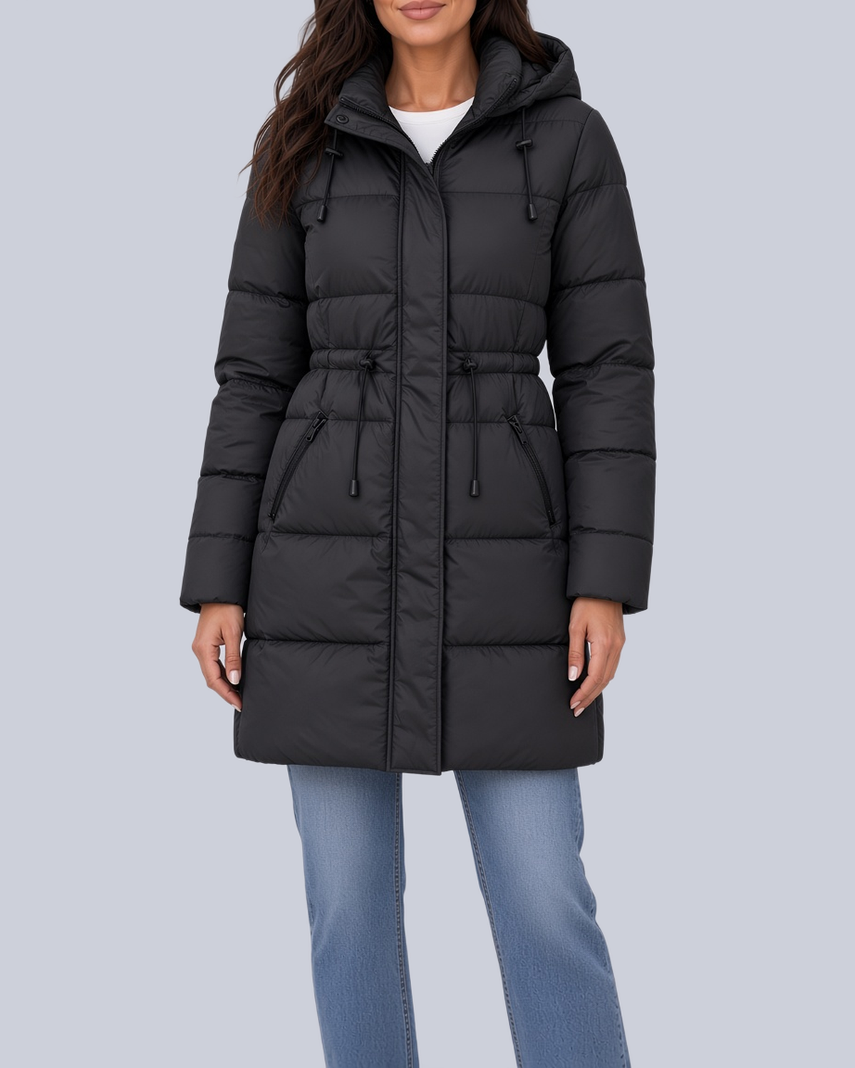 Women's Mid Length Puffer Coat with Cinched Waist and Hood in Black – Front View