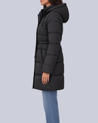 Women's Mid Length Puffer Coat with Cinched Waist and Hood in Black – Side View