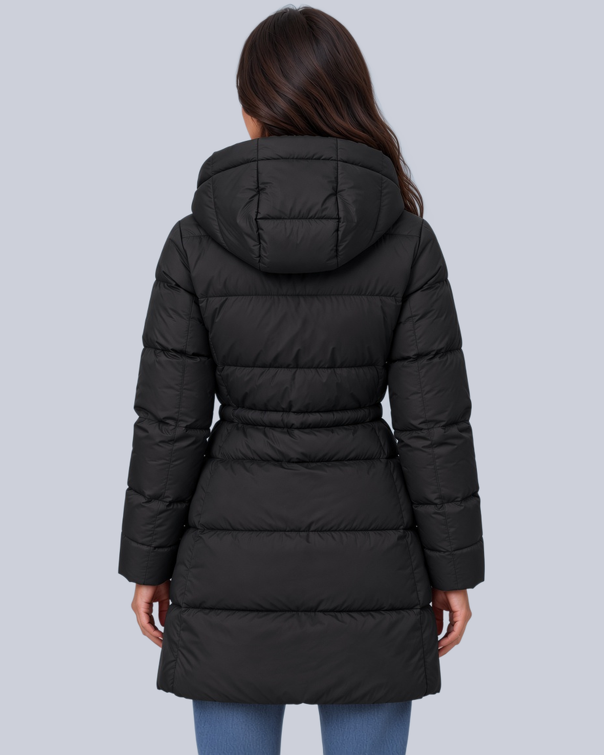 Women's Mid Length Puffer Coat with Cinched Waist and Hood in Black – Back View