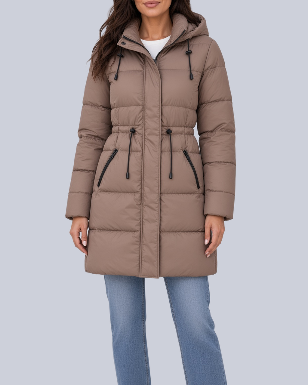 Women's Mid Length Puffer Coat with Cinched Waist and Hood in Brown – Front View