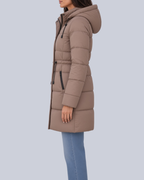 Women's Mid Length Puffer Coat with Cinched Waist and Hood in Brown – Side View