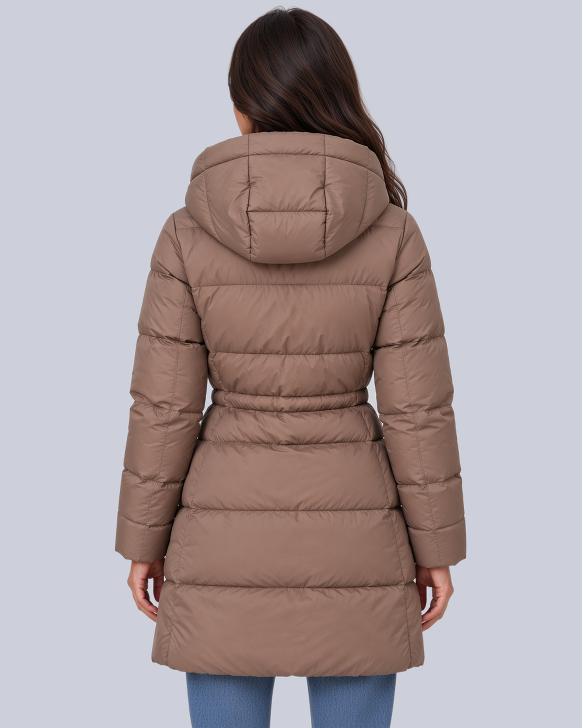 Women's Mid Length Puffer Coat with Cinched Waist and Hood in Brown – Back View